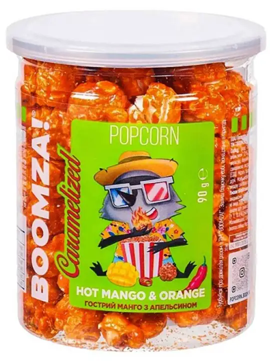 Boomza Karamelliserad popcorn med smak av het mango och apelsin 90g ✖ 12