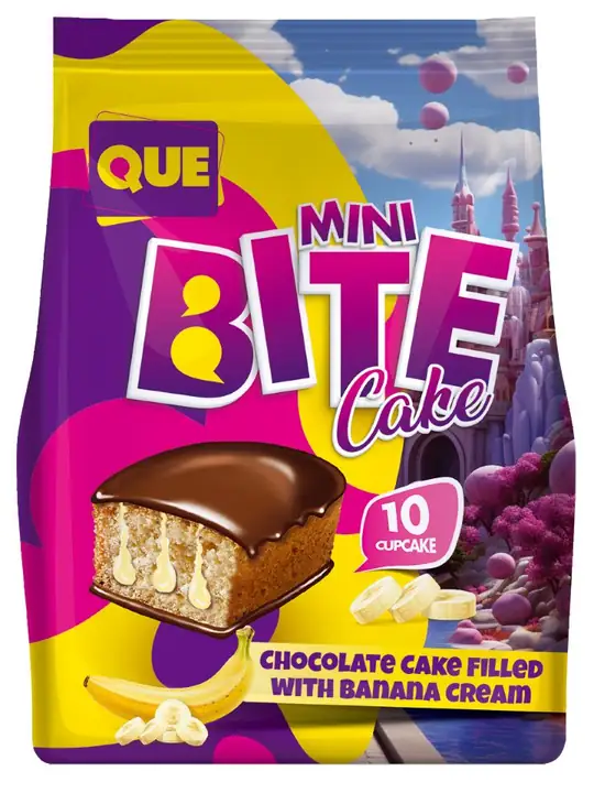 QUE Mini Bite - Chokladkaka (Fylld med Banankräm) 180g ✖ 16