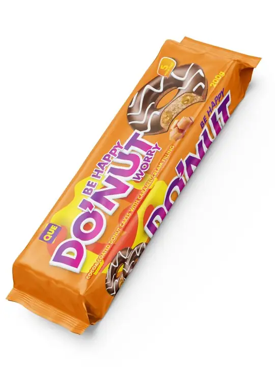 QUE Be Happy DO'NUT Worry - Kakaodoppade Donutkakor med Karamell 200g ✖ 12